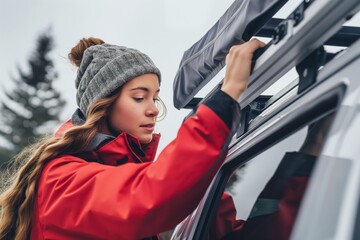 Young woman in a red jacket attentively mounts a roof rack onto her vehicle in a chilly outdoor setting