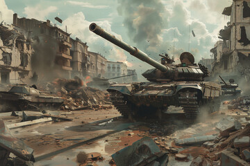 A photorealistic illustration of a tank advancing through a war-torn landscape, with rubble, destroyed structures, and other military vehicles visible in the background 