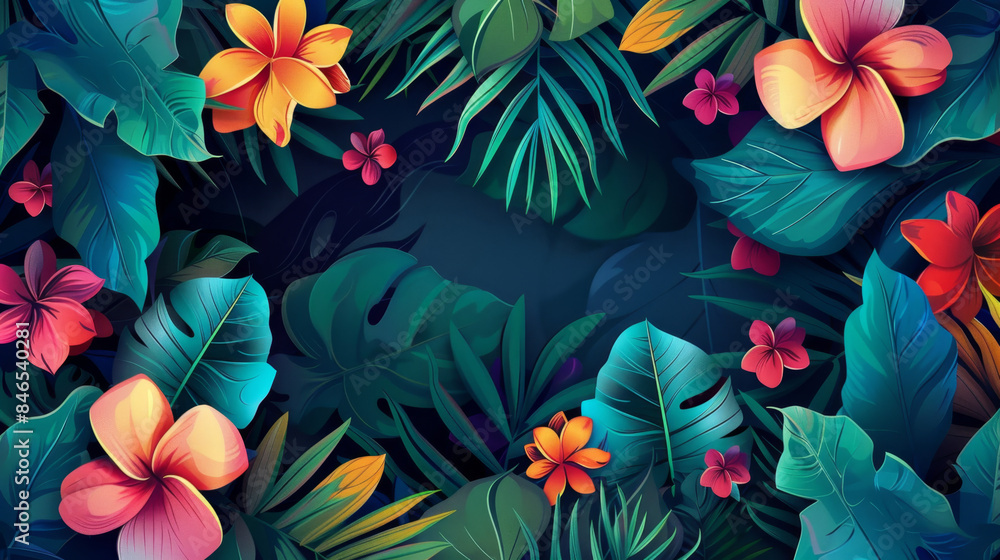 Wall mural A vivid tropical floral background featuring colorful flowers and dark lush leaves, creating a striking and exotic design. Vibrant Tropical Floral Background with Dark Leaves

