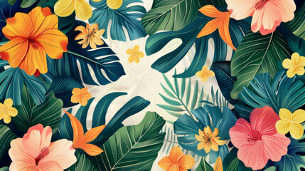 Vibrant tropical flowers and lush green leaves create a colorful, exotic pattern, perfect for summer and nature-themed designs. Colorful Tropical Flowers and Leaves Pattern

