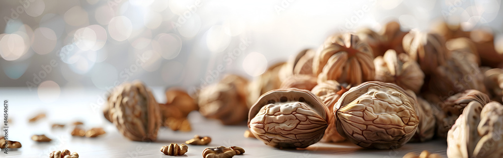 Wall mural walnuts with nature background on wooden mat panorama blurred background - Wall murals