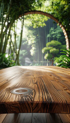 Serene Wooden Pathway Tranquil Bamboo Forest Altar with Sunlit Wooden Surface Arching Greenery A Peaceful Zen Escape for Nature Lovers and Tranquility Seekers