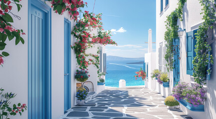 cozy Greek village, white buildings with blue doors and windows overlooking the sea, lots of flowers in pots on balconies, stone paths and wooden furniture