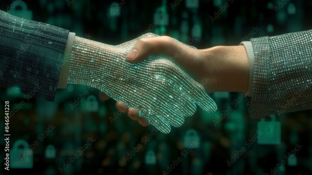 Poster humans and digital hands shaking on a dark digital background. concept of cybersecurity and blockcha