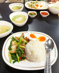 Stir Fried Chinese Kale with Crispy Pork Belly ,Rice and Boiled Egg