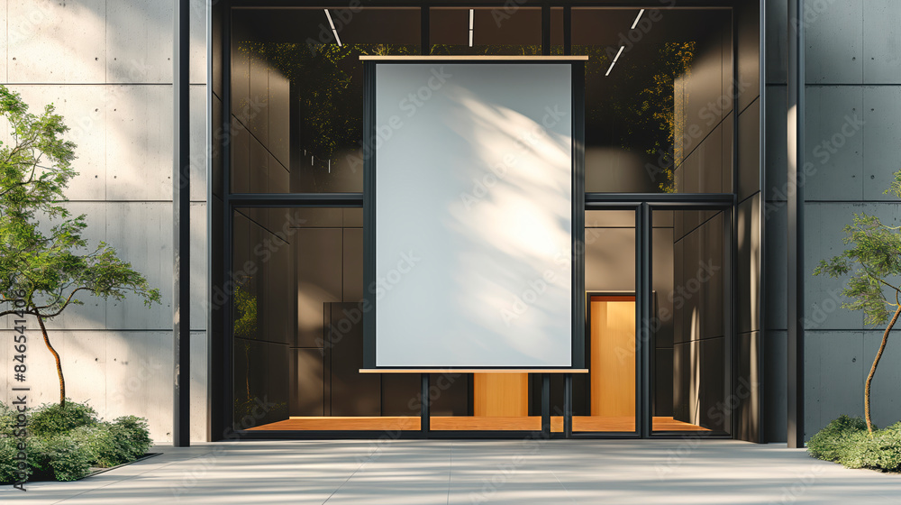 Poster large blank banner displayed on a modern building facade with trees in the foreground. concept for o