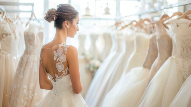 Bride in a boutique, surrounded by a variety of wedding dresses, carefully selecting the perfect gown amidst a romantic, soft-lit ambiance.