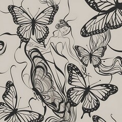 Fototapeta premium Black Line Art Butterflies Woman Wallpaper