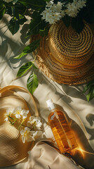 A straw hat and sunscreen bottle on a beige fabric, surrounded by tropical plants, creating a summer vacation vibe.