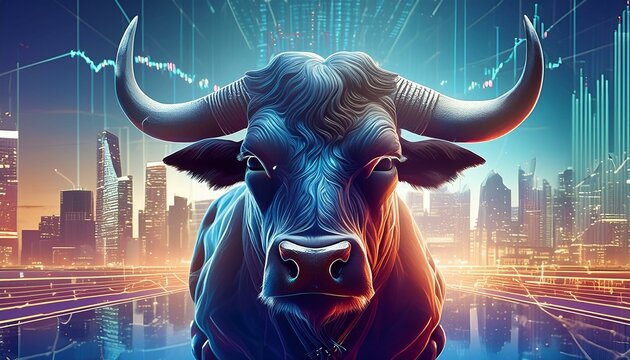 Majestic bull overlaid with dynamic digital stock graphs and futuristic cityscape, depicting financial growth
