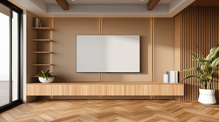 Modern living room with a blank TV screen on a wooden wall unit, shelves, and floor-to-ceiling windows. Light and natural design concept.  Generative AI