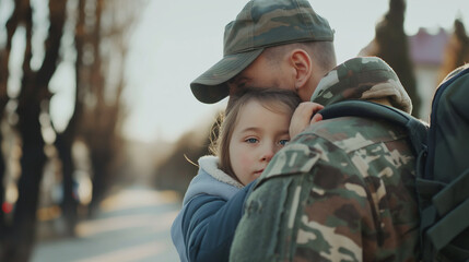 Obraz premium Emotional Soldier Bidding Farewell to His Daughter Before Deployment, Patriotic Serviceman Embracing His Child Prior to Military Service
