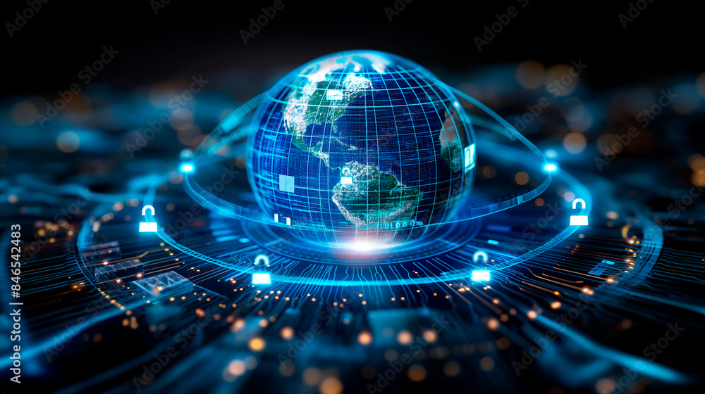 Poster digital globe with cybersecurity elements, conceptual graphic style, dark background, representing g