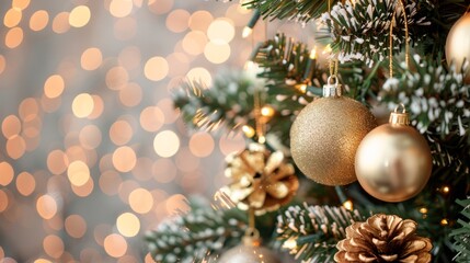 Christmas tree with golden ornaments and lights against a bokeh background. Festive holiday scene.