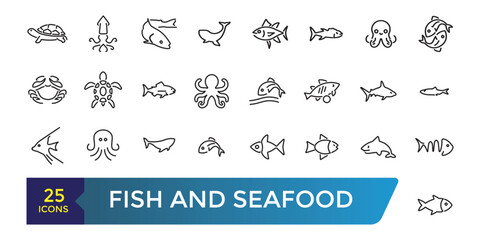 Fish and seafood icon set. Collection and pack of linear web and ui icons. Editable stroke. Vector illustration