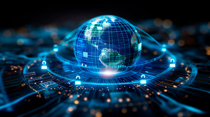 Digital globe with cybersecurity elements, conceptual graphic style, dark background, representing global internet security and blockchain concepts.  Generative AI