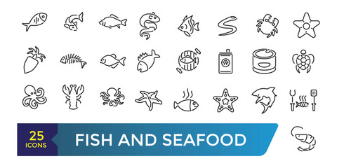 Fish and seafood icon set. Collection and pack of linear web and ui icons. Editable stroke. Vector illustration