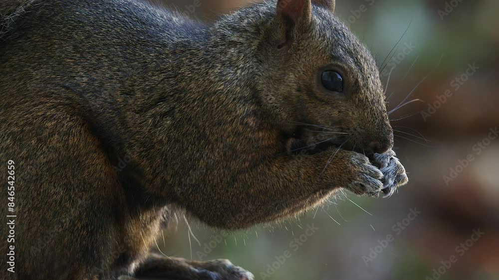 Poster full frame close-up grey squirrel eating in forest bokeh background