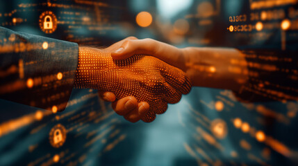 Close-up of a handshake against a backdrop of glowing digital icons. Futuristic graphic style. Concept of cybersecurity and blockchain.  Generative AI