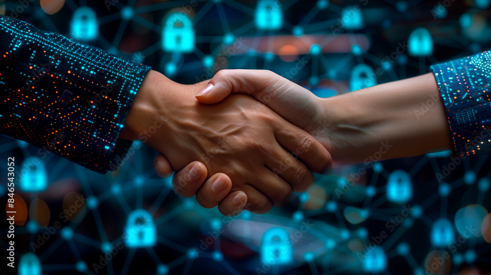Poster two people shaking hands, with a digital network background filled with lock icons, symbolizing cybe