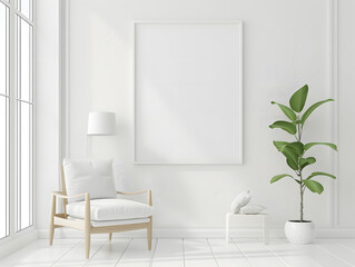 Living room with chair and blank frame mockup on the wall