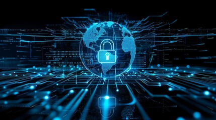 Digital representation of the globe with a padlock, depicting a cybersecurity concept on a dark background.  Generative AI