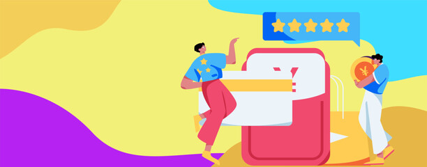 Holiday shopping people doing e-commerce online shopping flat vector concept operation hand drawn illustration
