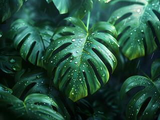 Obraz premium close-up of green leaves, possibly from a banana plant, exhibiting a lush, tropical growth pattern.