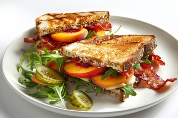 Yummy Multigrain Bacon and Peach Sandwich with Arugula