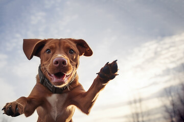 A happy dog jump on the background of the sky, copy space.