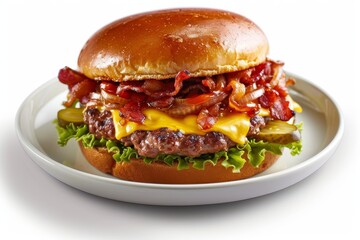 Bacon and Cheese Stuffed Burger with Lettuce, Tomato and Pickles