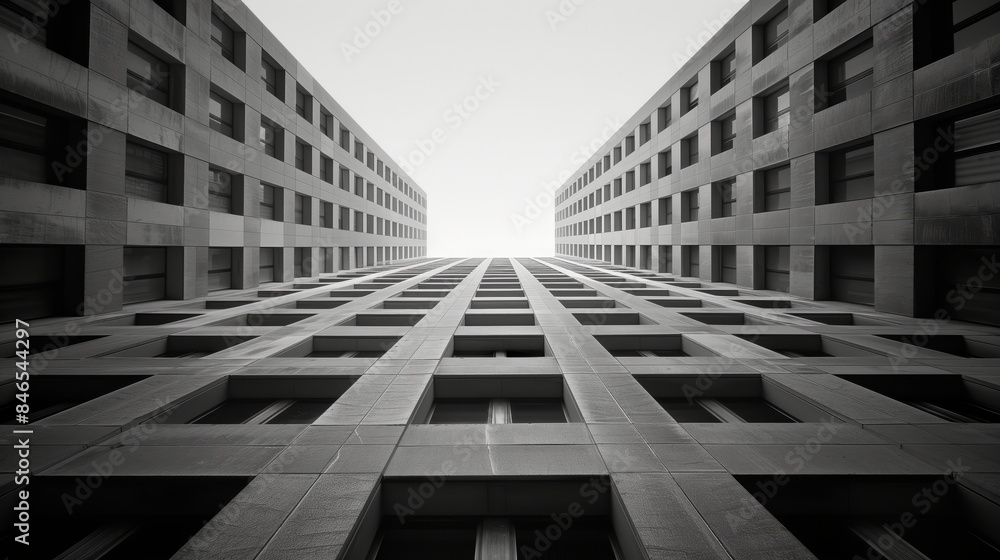 Aufkleber monochromatic view of modern building facades forming a geometric tunnel against a light sky. concep