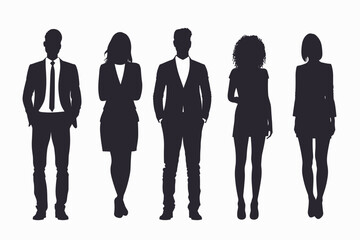 Silhouettes of diverse business people standing, men and women full length Inclusive business concept. Vector illustration isolated on white background