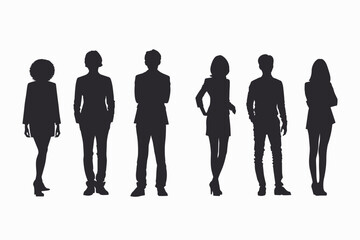 Silhouettes of diverse business people standing, men and women full length Inclusive business concept. Vector illustration isolated on white background