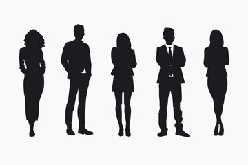 Silhouettes of diverse business people standing, men and women full length Inclusive business concept. Vector illustration isolated on white background