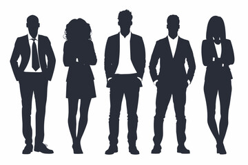 Silhouettes of diverse business people standing, men and women full length Inclusive business concept. Vector illustration isolated on white background