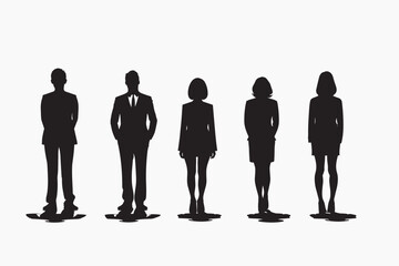 Silhouettes of diverse business people standing, men and women full length Inclusive business concept. Vector illustration isolated on white background