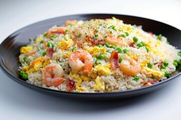 Delicious Bacon, Egg and Shrimp Fried Rice with Juicy Shrimp and Plump Peas