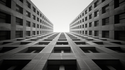 Monochromatic view of modern building facades forming a geometric tunnel against a light sky. Concept of urban architecture.  Generative AI