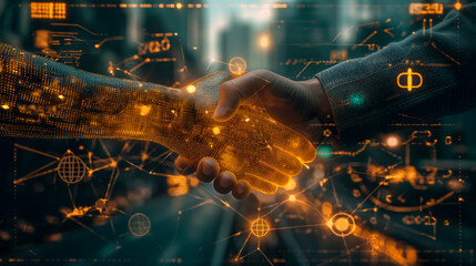 A digital handshake between a human and a virtual hand on a dark background. Concept of cybersecurity and digital economics.  Generative AI