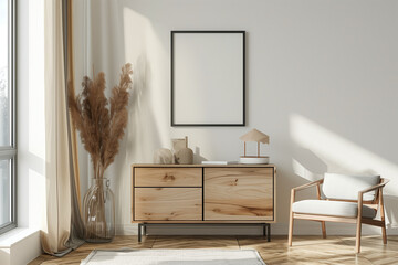 Frame mockup, ISO A paper size with black frame. A spacious room with a modern design, armchair, and a tall flower pot in a pot in the corner. Modern interior design. 3D rendering	