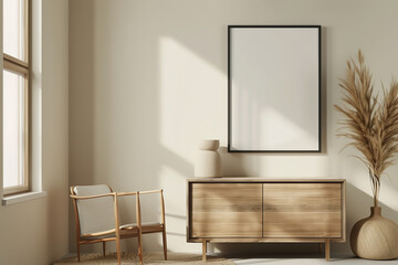 Frame mockup, ISO A paper size with black frame. A spacious room with a modern design, armchair, and a tall flower pot in a pot in the corner. Modern interior design. 3D rendering	