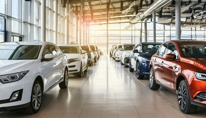 many cars parked in a car showroom