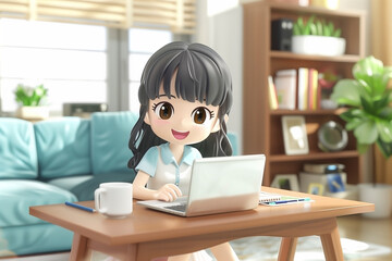 リビングでノートパソコンを使う女性