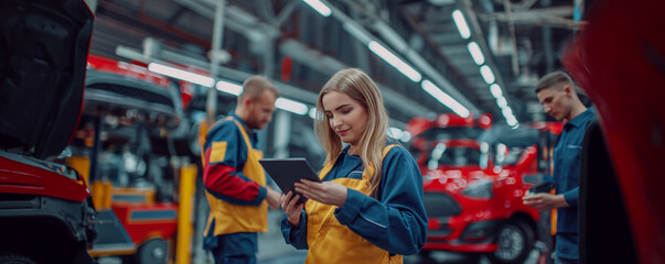 Computer diagnostics of a car. A mechanic uses a tablet to record engine checks. Engine repair service. factory transport automobile