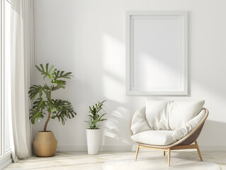 Living room with chair and blank frame mockup on the wall