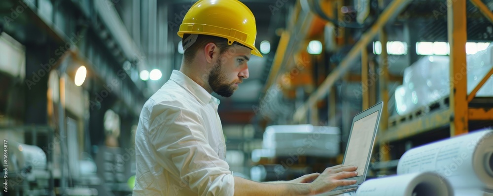 Poster managing a project in a modern industrial factory. robots, robotic arms, and automation are used in 