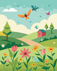 The peaceful sound of birds chirping and butterflies fluttering in a field of wildflowers benefiting from the lack of toxic chemicals on an organic farm.. Vector illustration