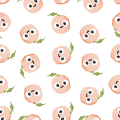 Cute characters peach fruits seamless vector pattern ona white background. Vector illustration for printing children's textiles, fabrics and paper.