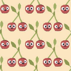 Cute characters cherry berries seamless vector pattern on yellow background. Vector illustration for printing children's textiles, fabrics and paper.